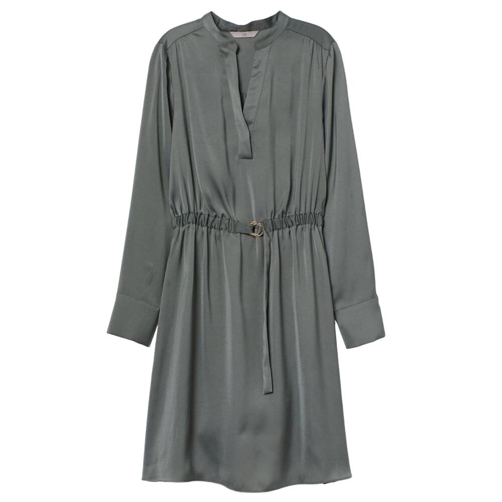 NWT H&M Gray Safari Green V-Neck Satin Belted Long Sleeve Shirt Dress Sz 2XL